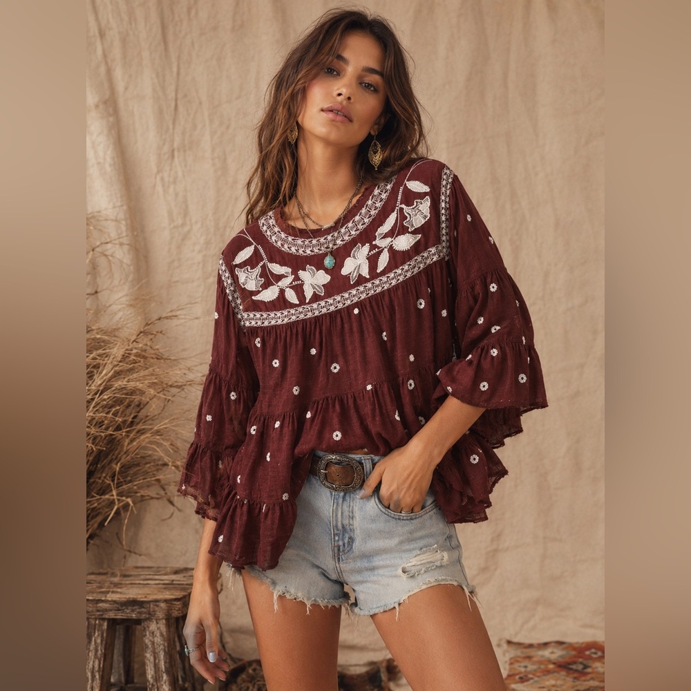 NWT Free People Edie Sweet Raisin Combo Embroidered Top Burgundy Boho Tunic M
